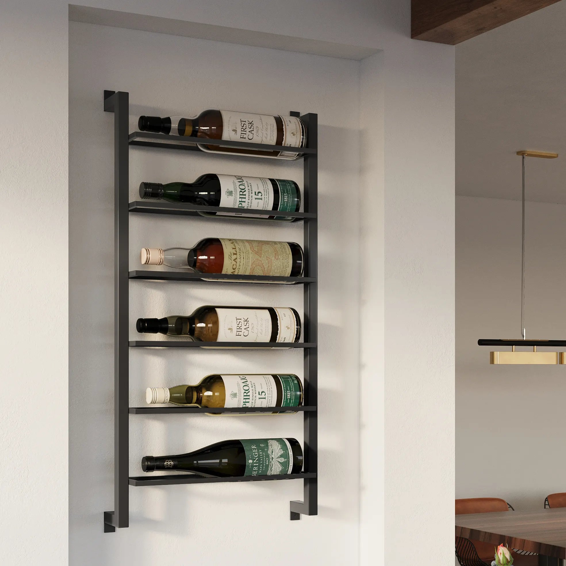 Sfeerbeeld volledig staal wijnrek met zes wijnflessen