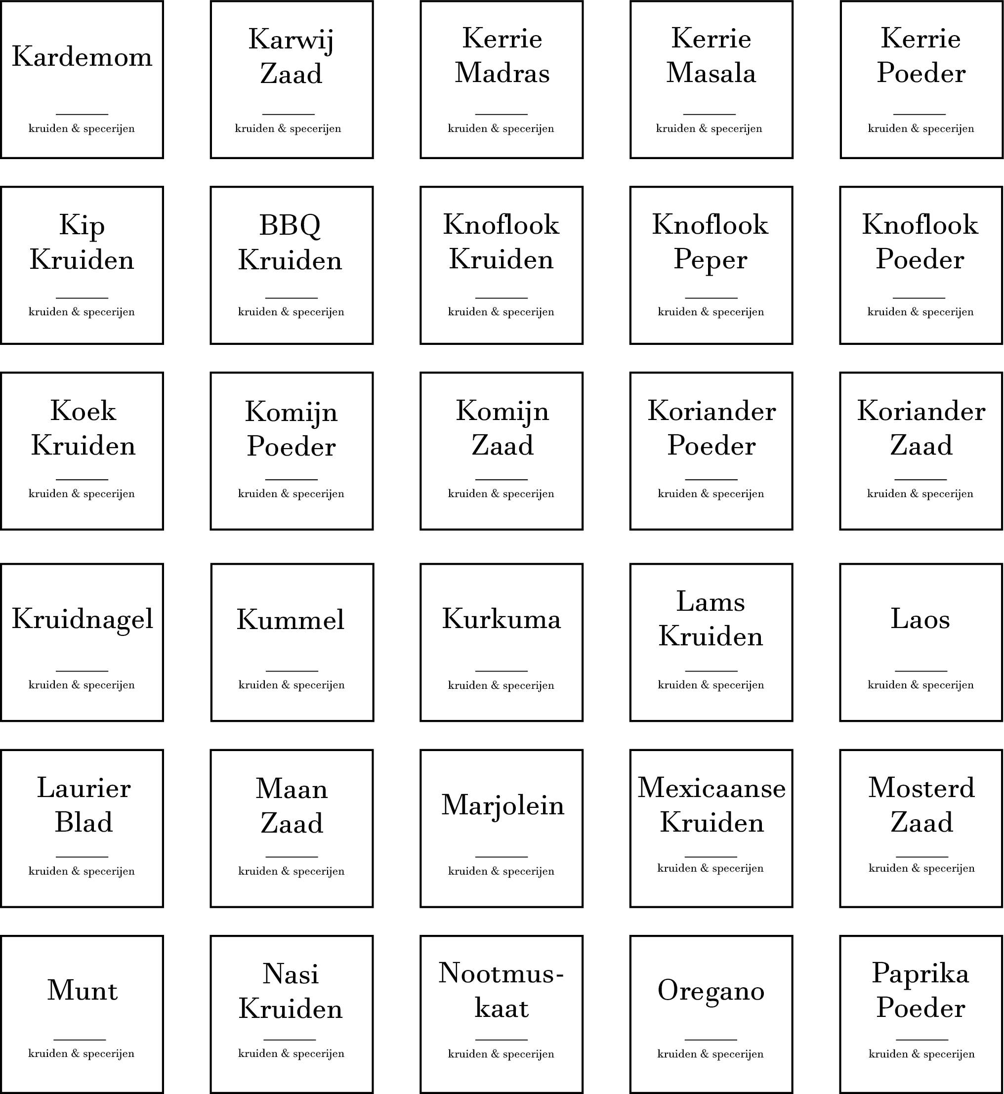 Overzicht van de vierkante kruidenlabels die geprint worden