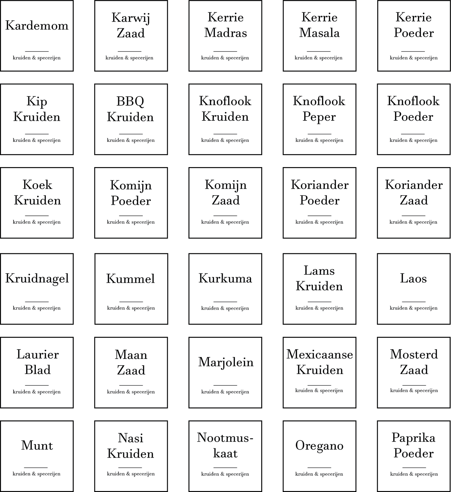 Overzicht van de vierkante kruidenlabels die geprint worden