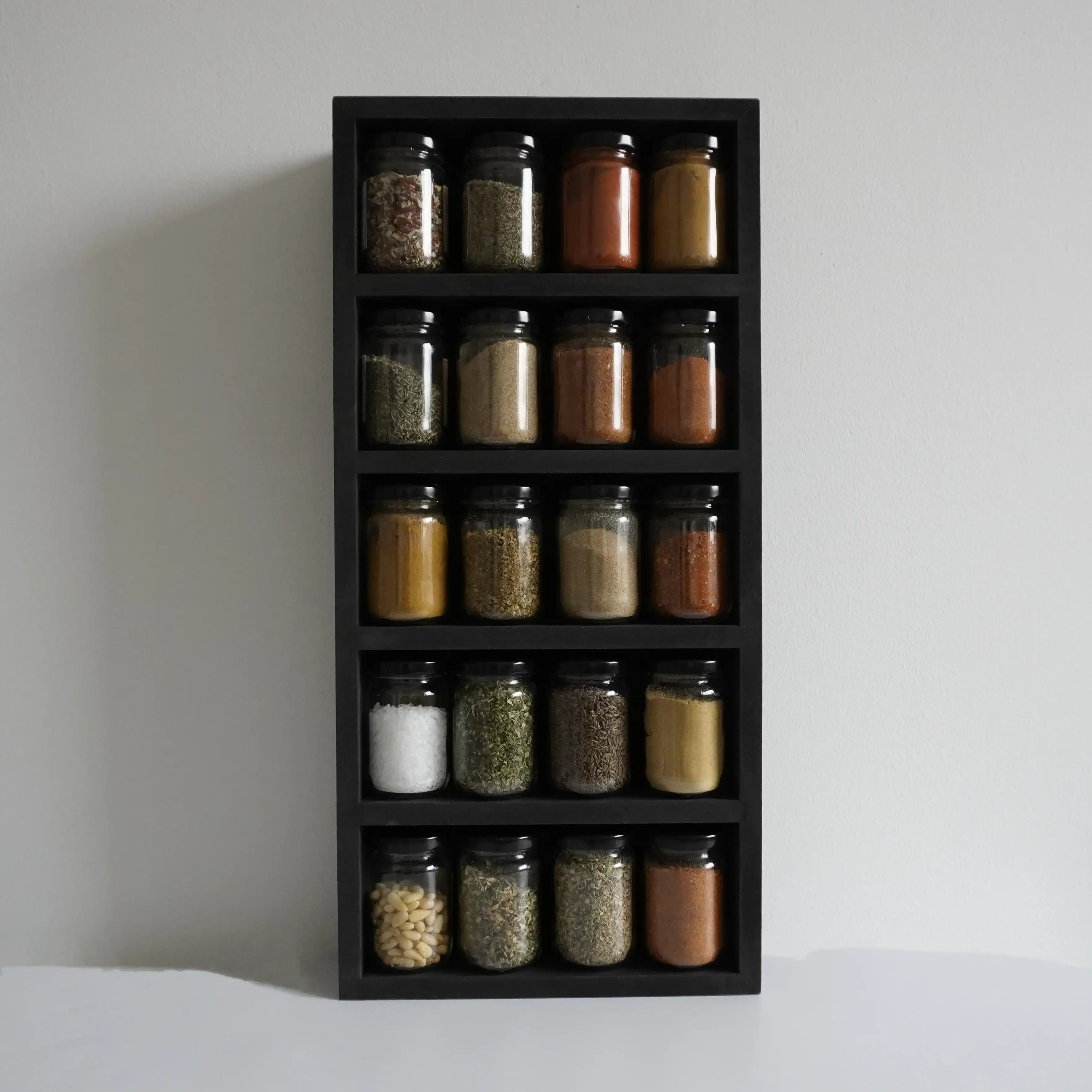 Vooraanzicht zwart kruidenrek met 20 ronde gevulde kruidenpotjes