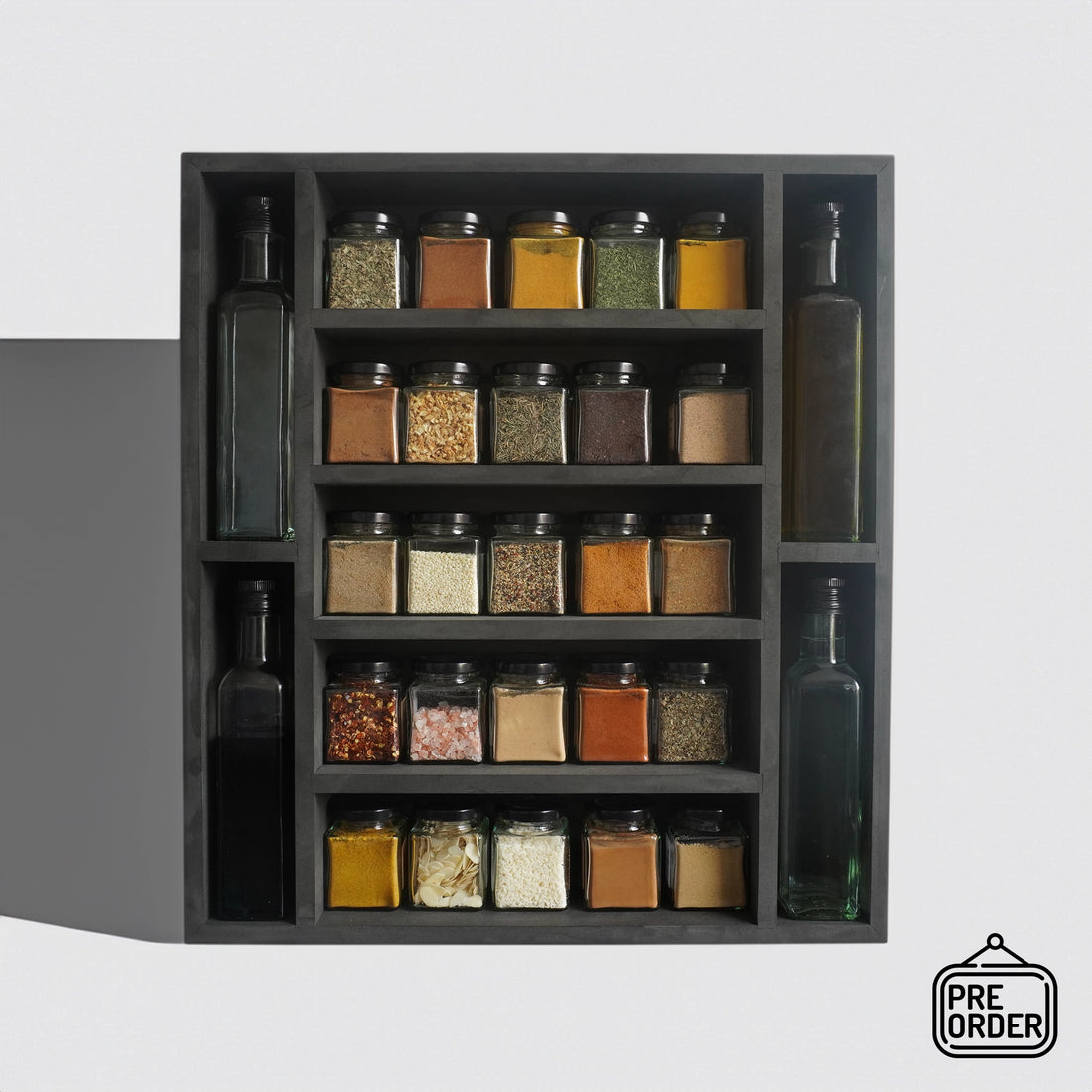 Black spice rack (25 jars and 4 oil bottles)